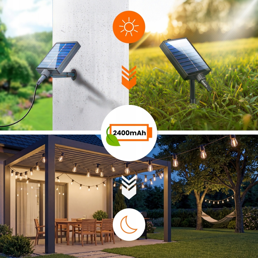 Catena luminosa decorativa solare a LED dimmerabile 20xE27/0,3W/3/5V USB 2400 mAh 20,62 m IP65 nera + telecomando