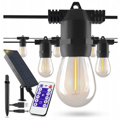 Catena luminosa decorativa solare a LED dimmerabile 20xE27/0,3W/3/5V USB 2400 mAh 20,62 m IP65 nera + telecomando