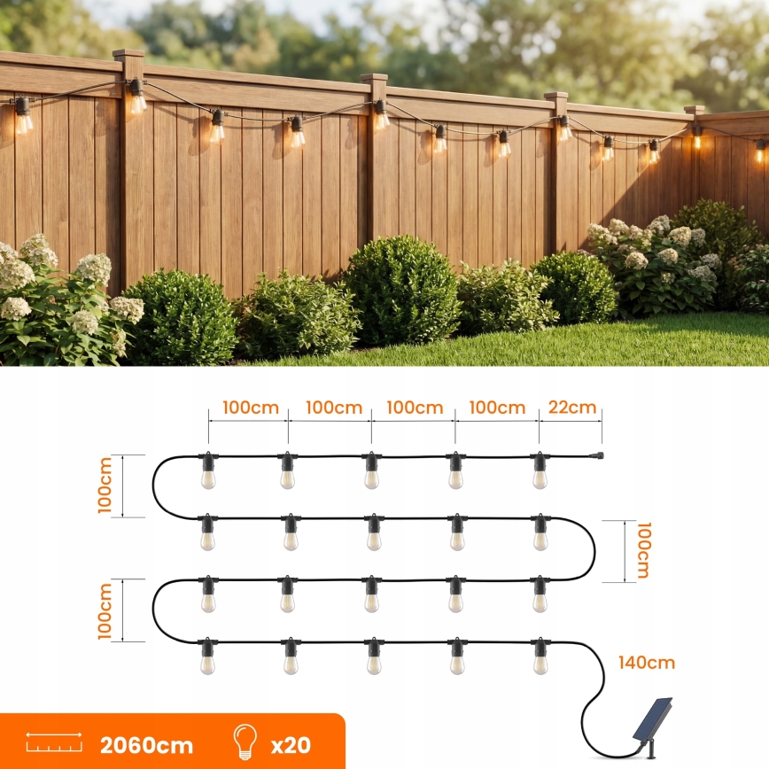 Catena luminosa decorativa solare a LED dimmerabile 20xE27/0,3W/3/5V USB 2400 mAh 20,62 m IP65 nera + telecomando