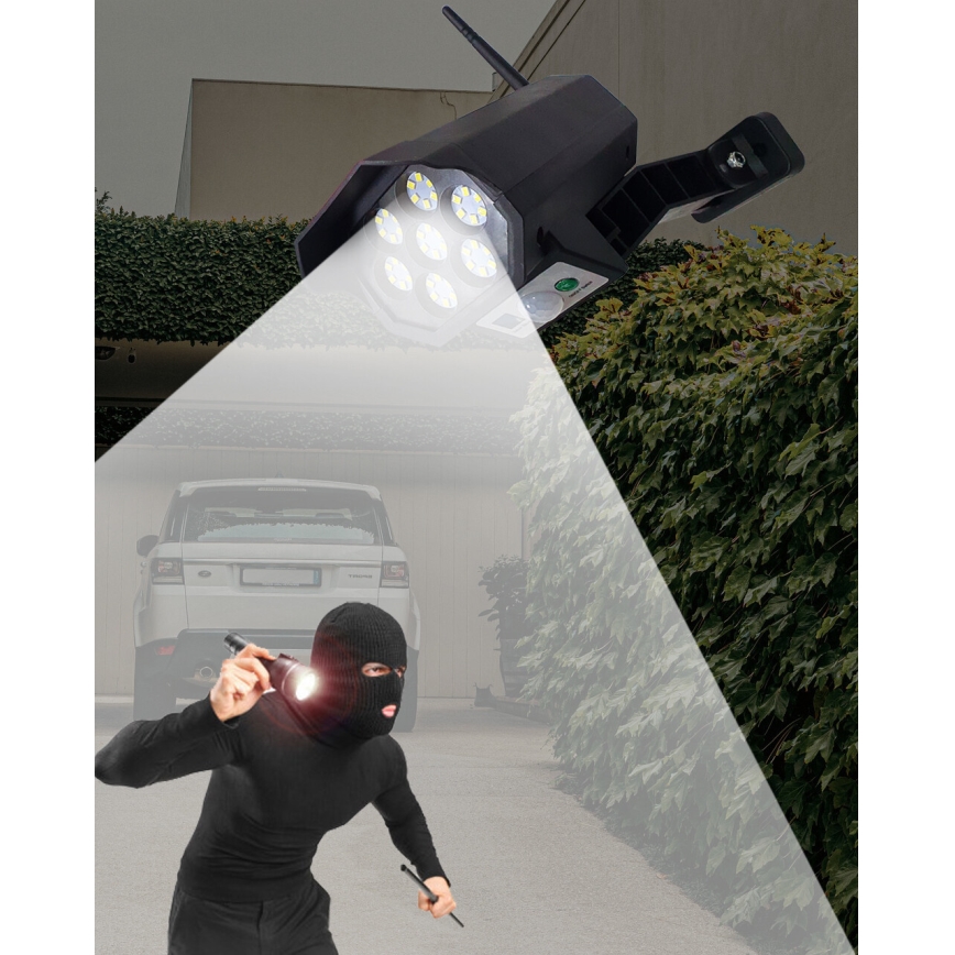 LED Telecamera di sicurezza fittizia solare con sensore LED/3,7V 1200 mAh IP44 nero + telecomando