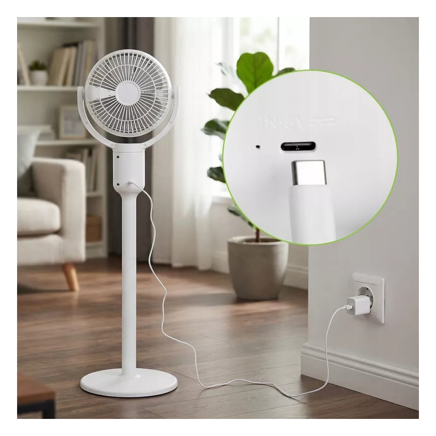 LED Ventilatore a piantana ricaricabile con illuminazione LED LED/4,8W/5V USB 7200 mAh bianco + telecomando