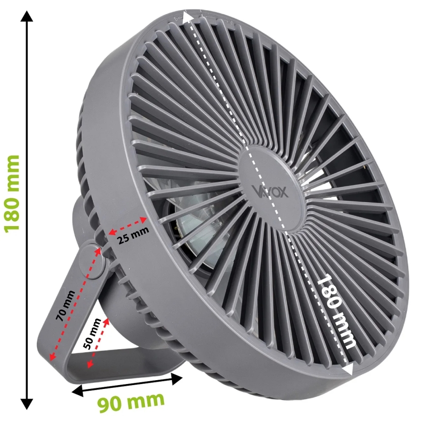 LED Ventilatore da tavolo ricaricabile con illuminazione a LED LED/2W/5V USB 2400 mAh grigio
