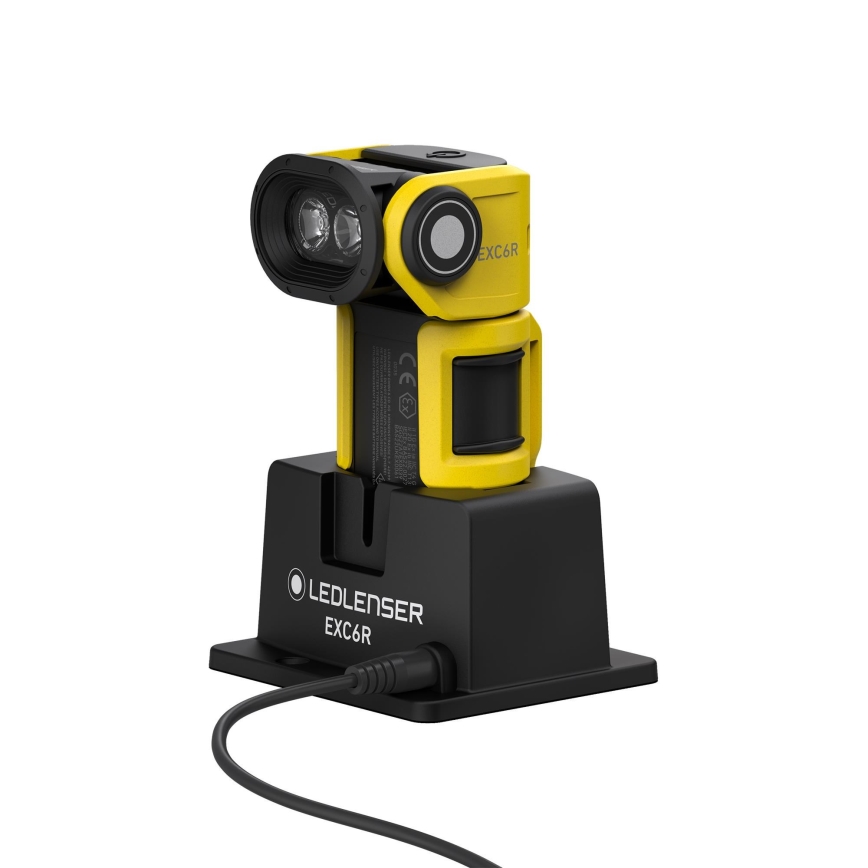 Ledlenser EXC6R - Torcia ricaricabile a LED dimmerabile con base di ricarica, batteria 1900 mAh, IP68, 300 lm, autonomia 10 h, gialla