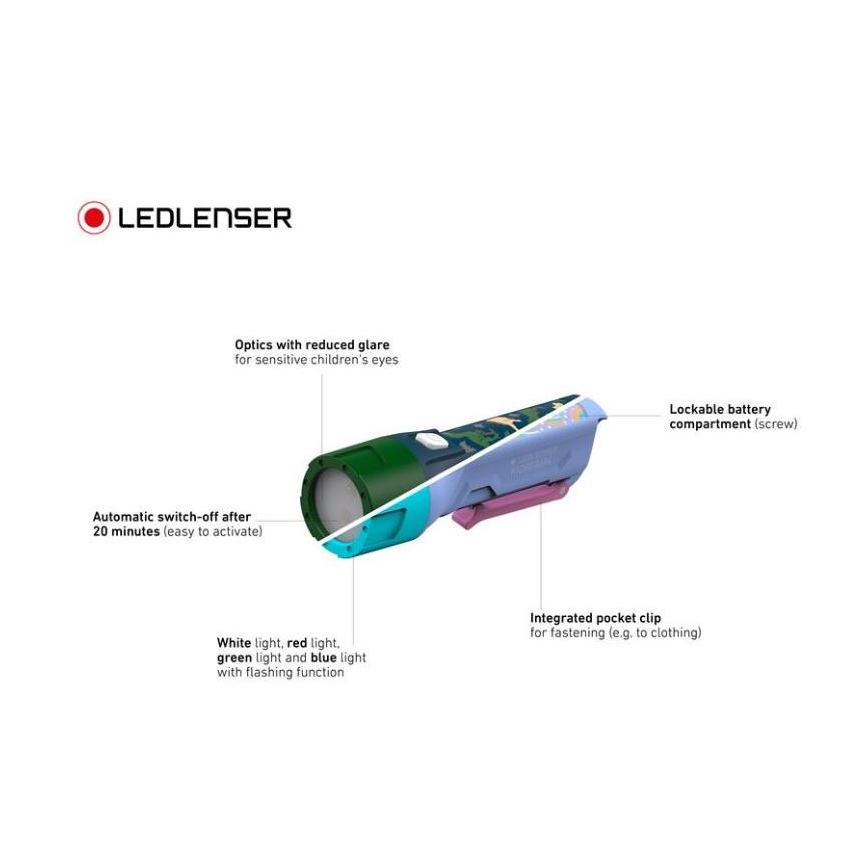 Ledlenser KIDBEAM4 DINO - Torcia dimmerabile a LED per bambini, 2x AAA, IP44, verde
