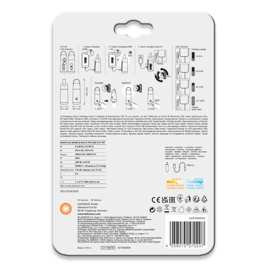 Ledvance - Banca di alimentazione a LED con funzione di torcia MOBILE LED/0,5W/5V 1800 mAh 2xUSB