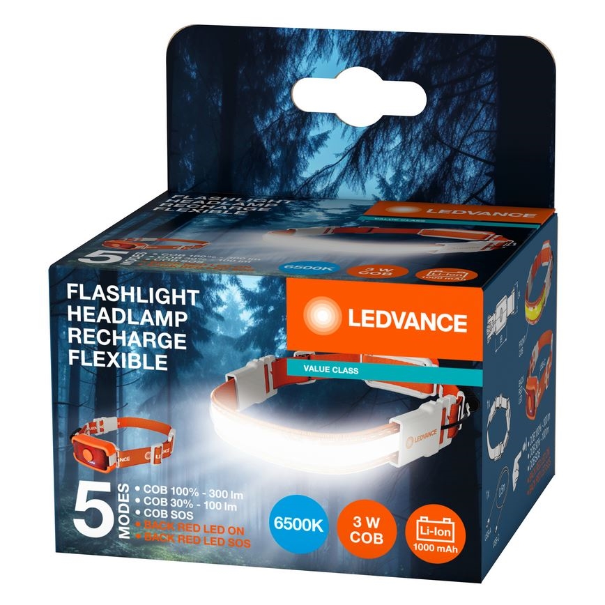Ledvance - Lampada frontale LED ricaricabile FLASHLIGHT LED/3W/5V 1000 mAh