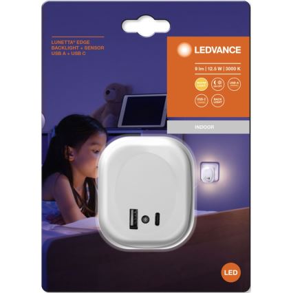 Ledvance - Lampada notturna LED con sensore e spina integrata e USB LUNETTA LED/12,5W/230V 3000K bianco