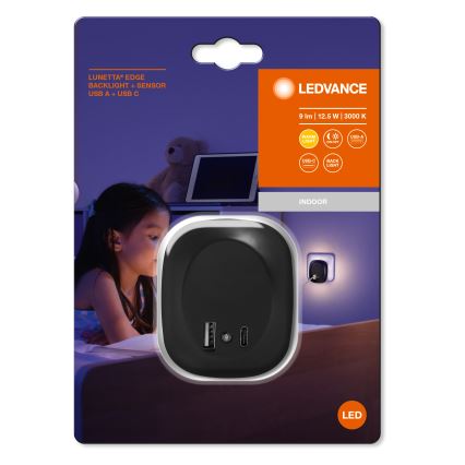 Ledvance - Lampada notturna LED con sensore e spina integrata e USB LUNETTA LED/12,5W/230V 3000K nero