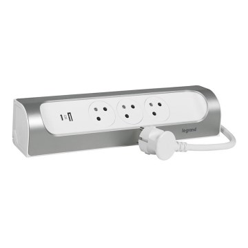 Legrand 049406 - Cavo di prolunga a 3 prese, Tipo E, con porte USB-A e USB-C, 1 m, argento/bianco