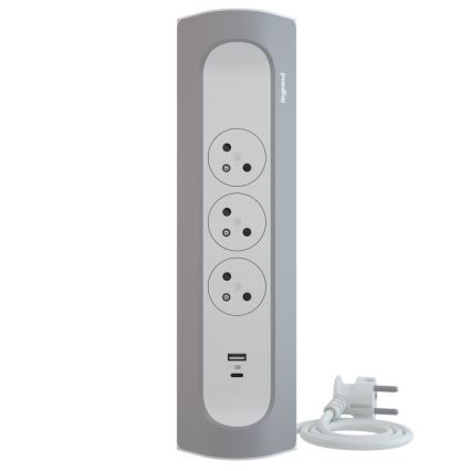 Legrand 049406 - Cavo di prolunga a 3 prese, Tipo E, con porte USB-A e USB-C, 1 m, argento/bianco