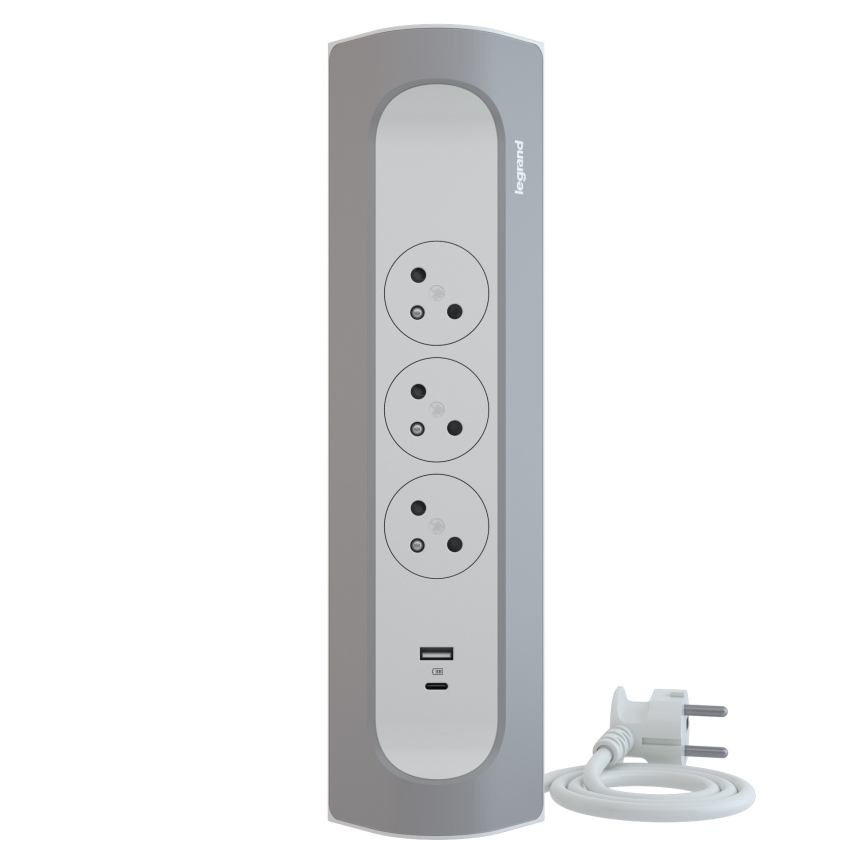 Legrand 049406 - Cavo di prolunga a 3 prese, Tipo E, con porte USB-A e USB-C, 1 m, argento/bianco