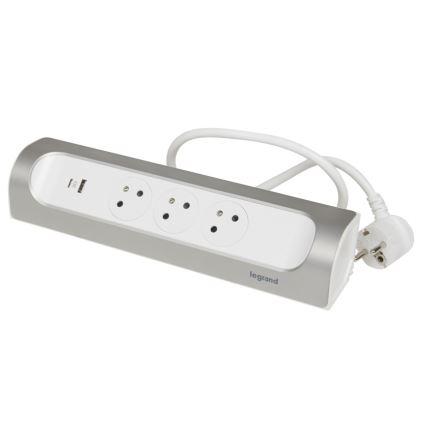 Legrand 049406 - Cavo di prolunga a 3 prese, Tipo E, con porte USB-A e USB-C, 1 m, argento/bianco