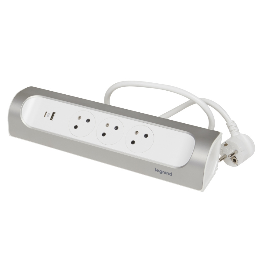 Legrand 049406 - Prolunga 3Z Tipo E + USB-A + USB-C 1m argento/bianco