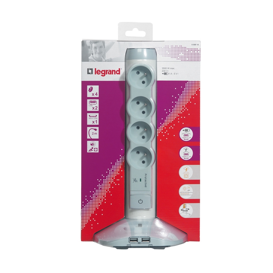 Legrand 50014 - Multipresa verticale 230V/16A, 4x2P+T + 3xUSB, 2M