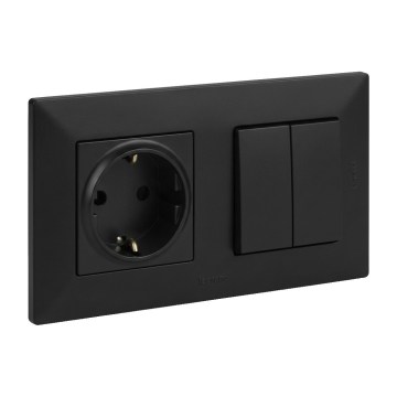 Legrand - Doppio interruttore per scale 6+6 e presa domestica SCHUKO con cornice NILOE STEP 250V nero