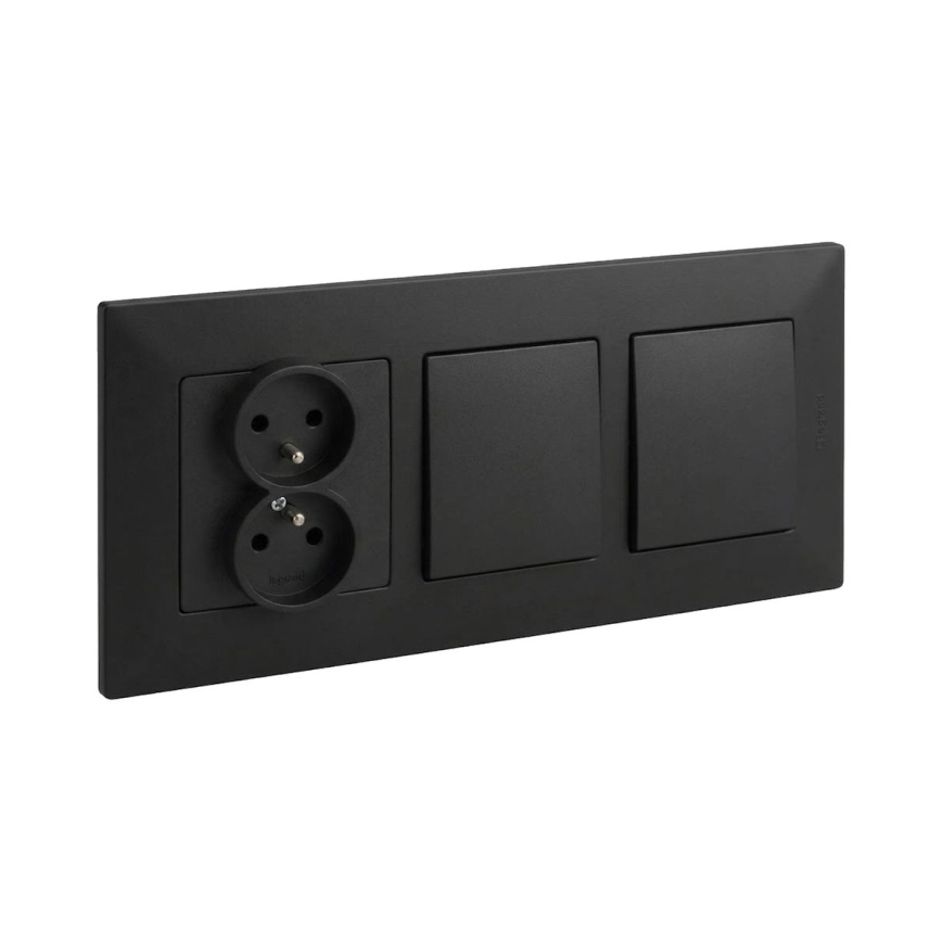 Legrand - Interruttore doppio unipolare n. 1 e presa doppia domestica con cornice NILOE STEP 250V nero