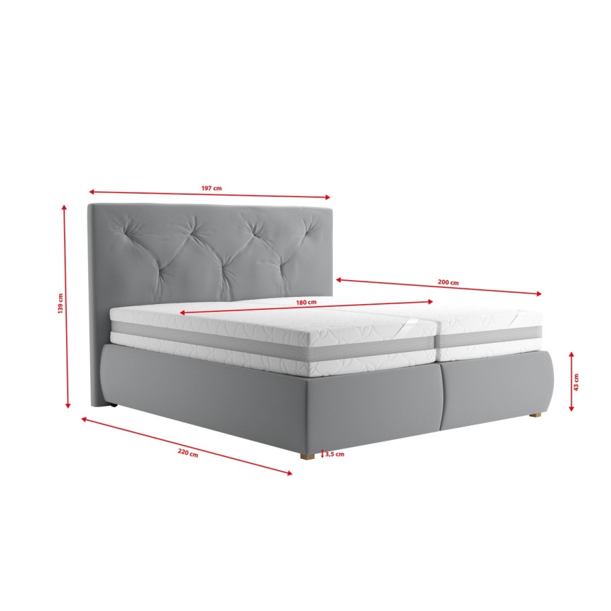 Letto boxspring ELEN 180x200 cm grigio, completo di materasso e topper