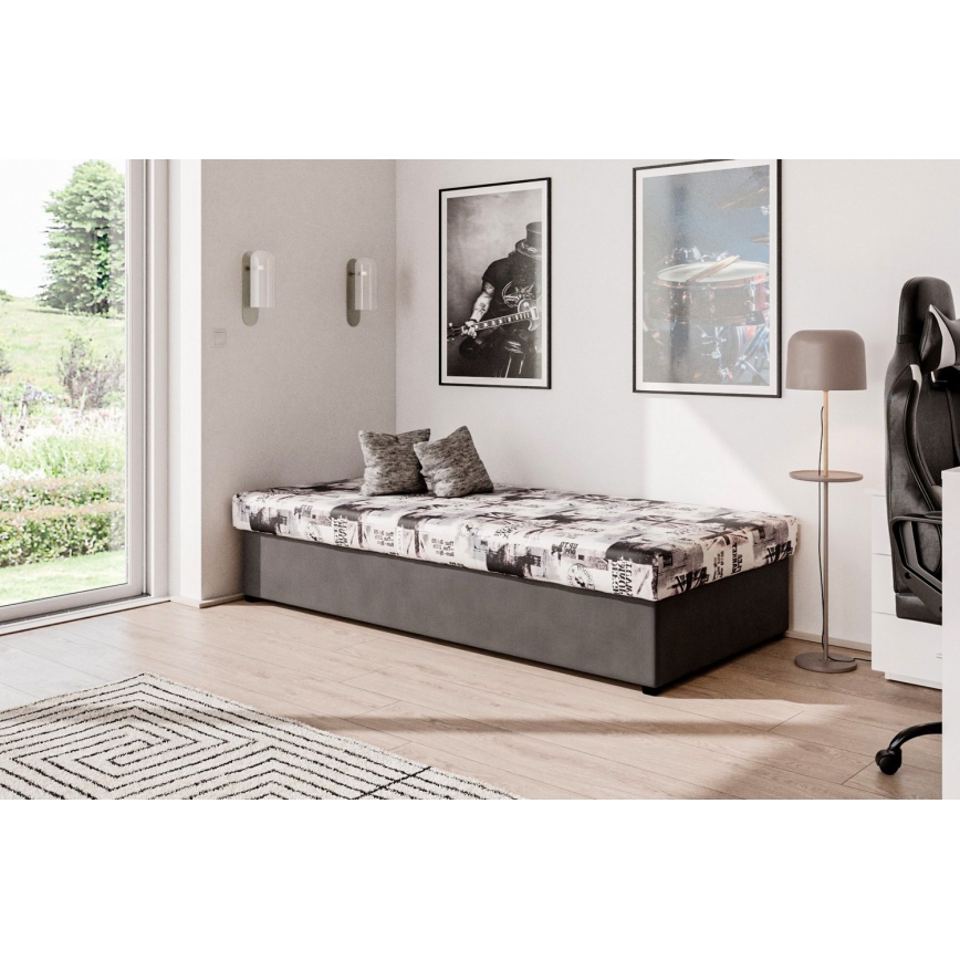 Letto contenitore NOE 90x200 con materasso a molle, grigio/nero