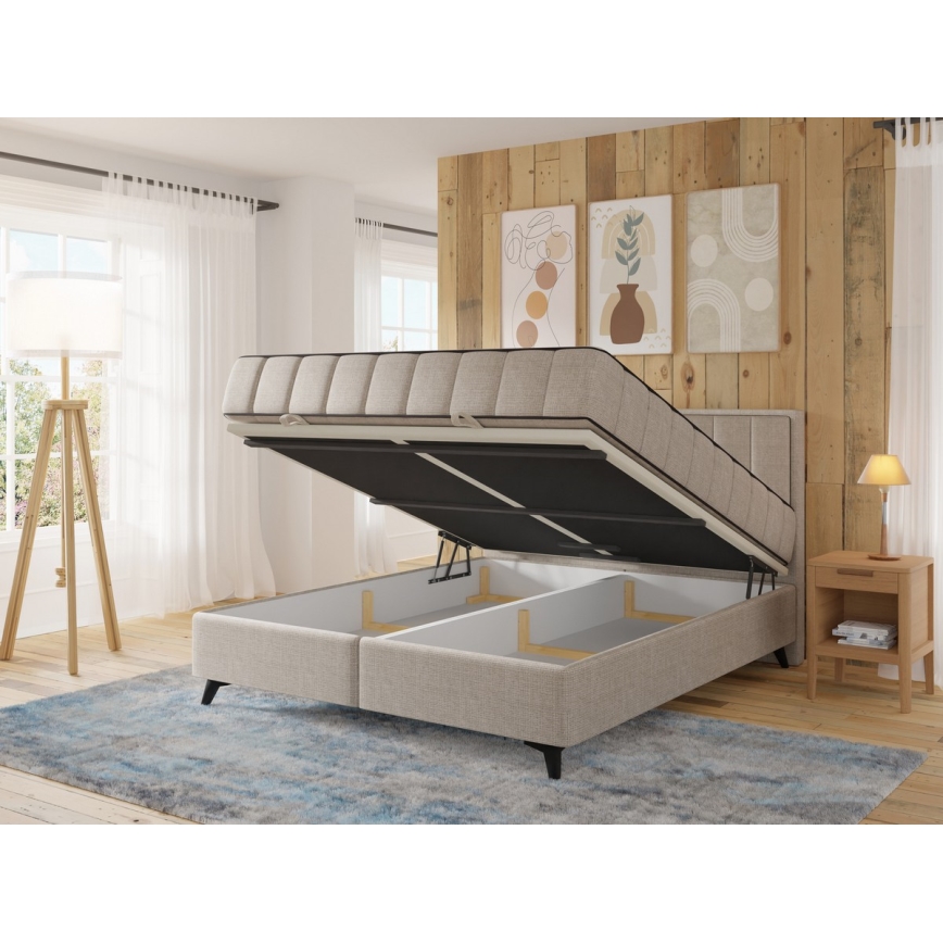 Letto imbottito ALICIA 160x200 cm con contenitore, completo di materassi e sovramaterasso, beige