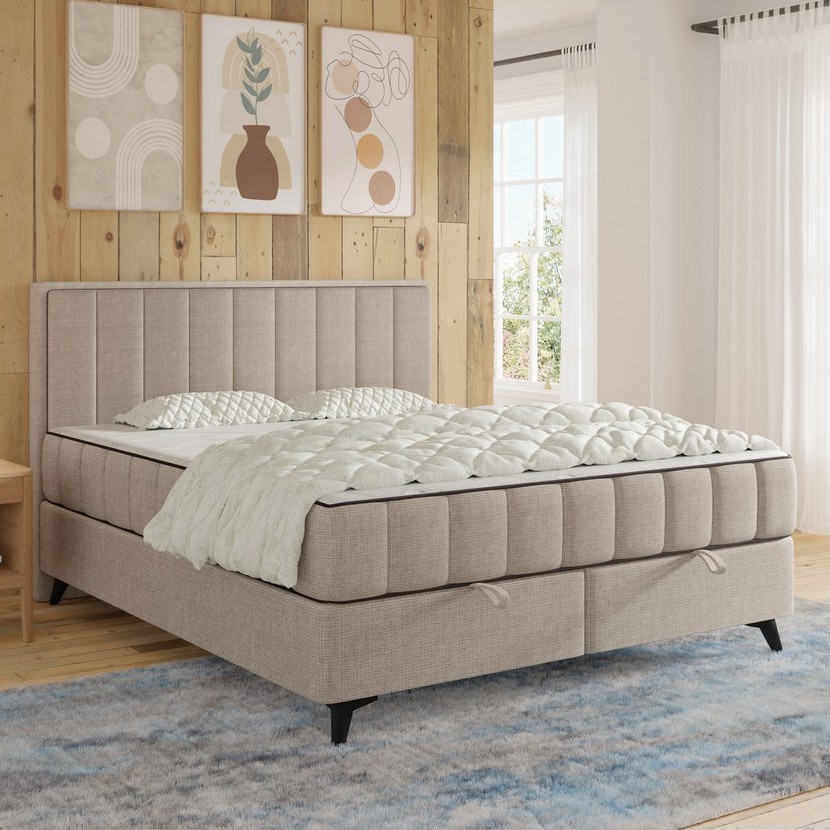 Letto imbottito ALICIA 160x200 cm con contenitore, completo di materassi e sovramaterasso, beige