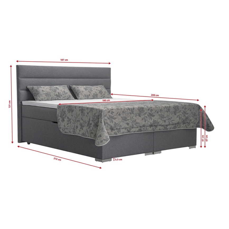 Letto imbottito con contenitore e matracemi con topper NEW BOLERO 180x200 cm grigio