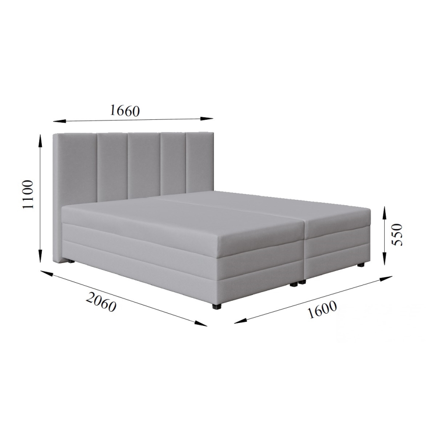 Letto imbottito ISABEL 160x200 con materasso a molle e contenitore, grigio chiaro