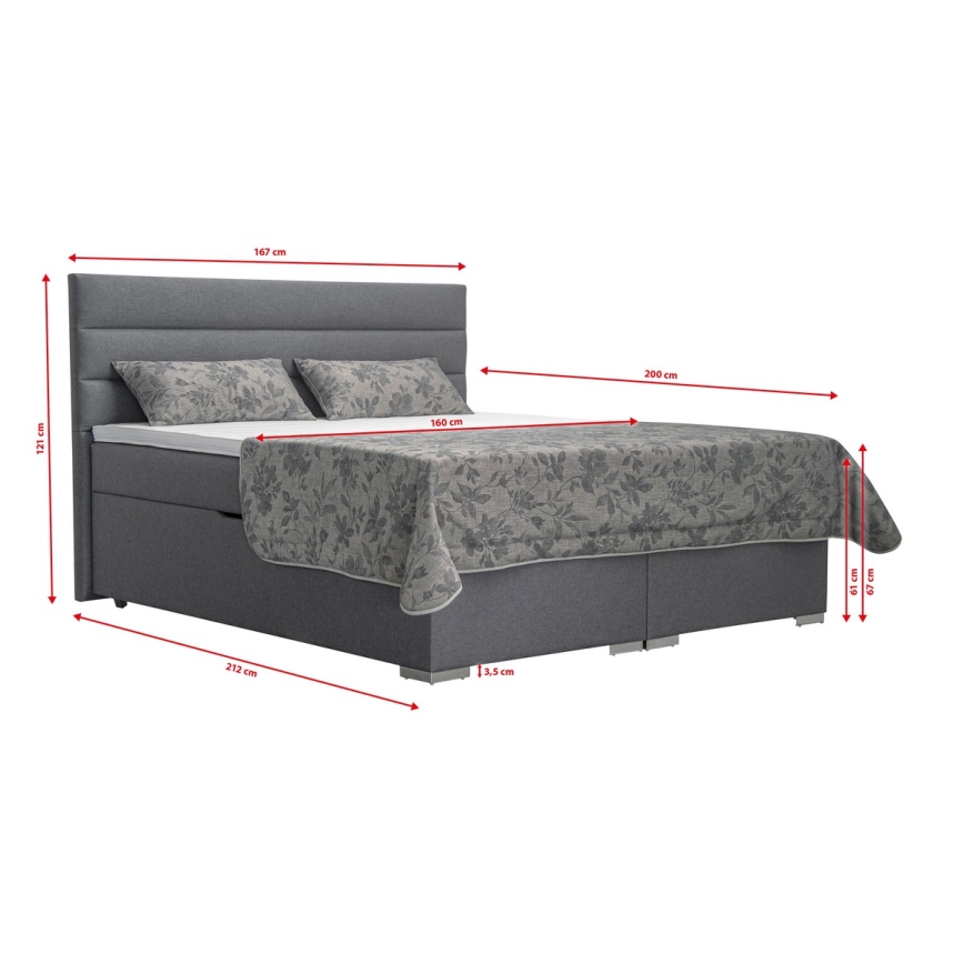 Letto imbottito con contenitore e materassi con topper NEW BOLERO 160x200 cm grigio