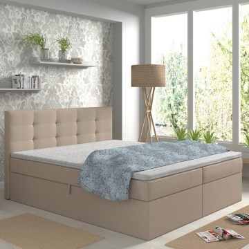 Letto imbottito EMBER 180x200 cm con materassi, topper e contenitore, beige
