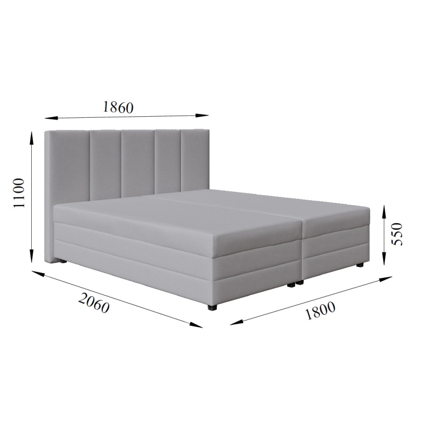 Letto imbottito ISABEL 180x200 con materasso a molle e contenitore, grigio chiaro