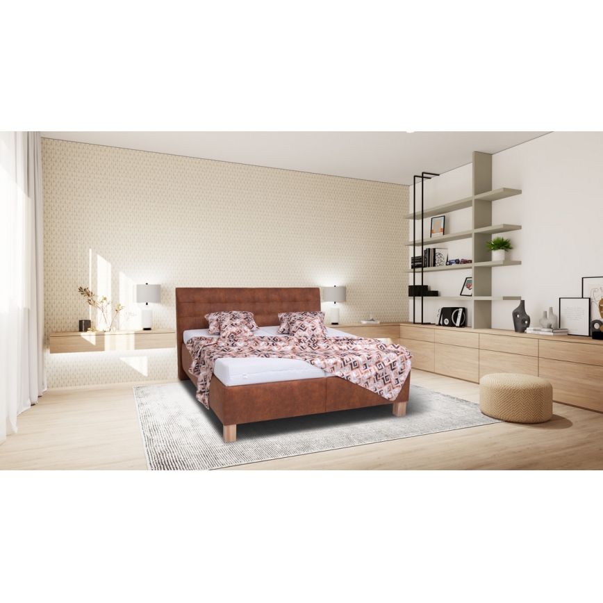 Letto imbottito VIOLET 180x200 cm con materasso e contenitore, marrone cognac