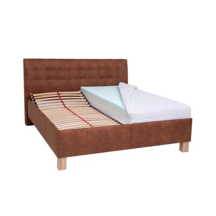 Letto imbottito VIOLET 180x200 cm con materasso e contenitore, marrone cognac