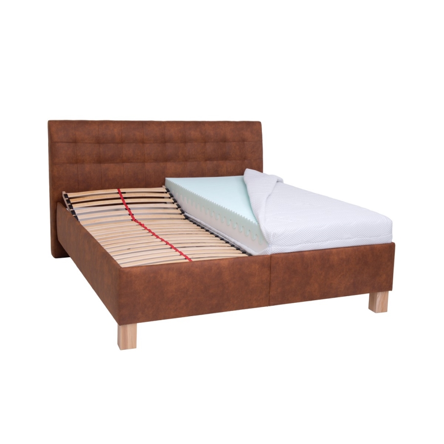 Letto imbottito VIOLET 180x200 cm con materasso e contenitore, marrone cognac