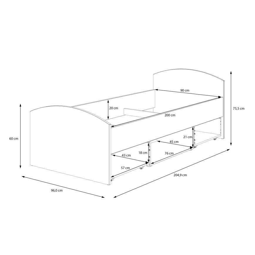 Letto singolo con contenitore URO 90x200 cm rovere artisan/bianco