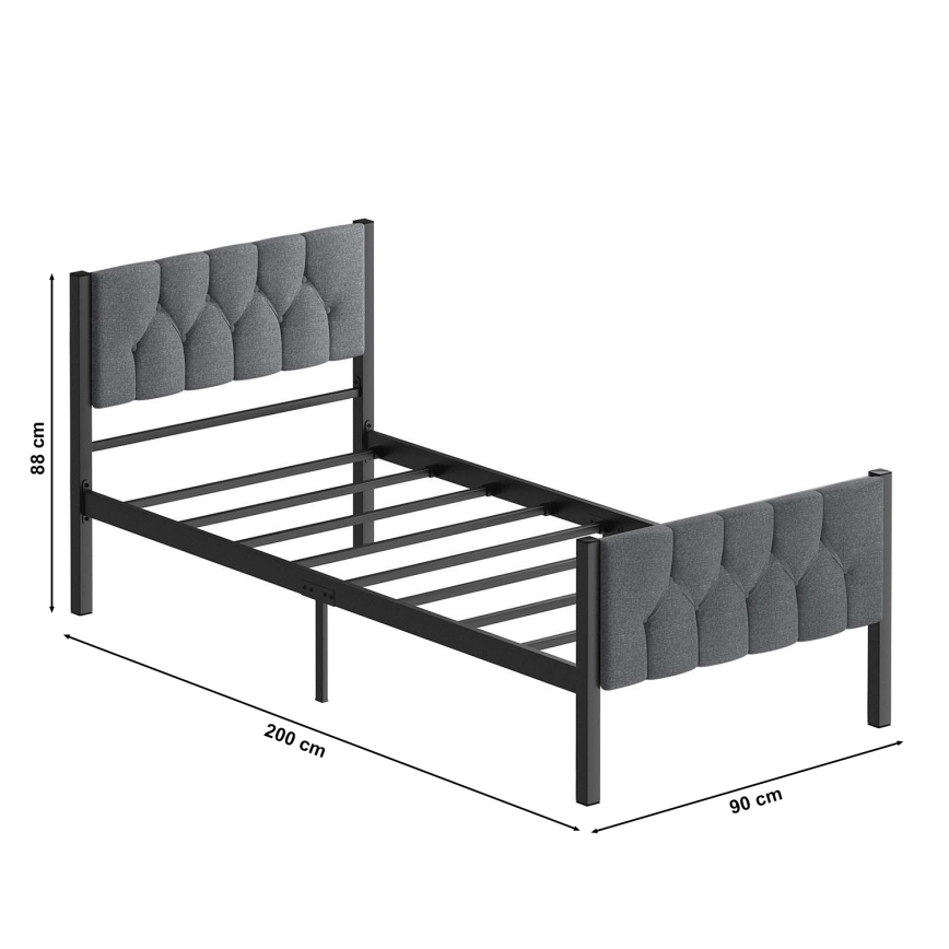 Letto singolo in metallo KAROM 90x200 cm, grigio, portata massima 120 kg