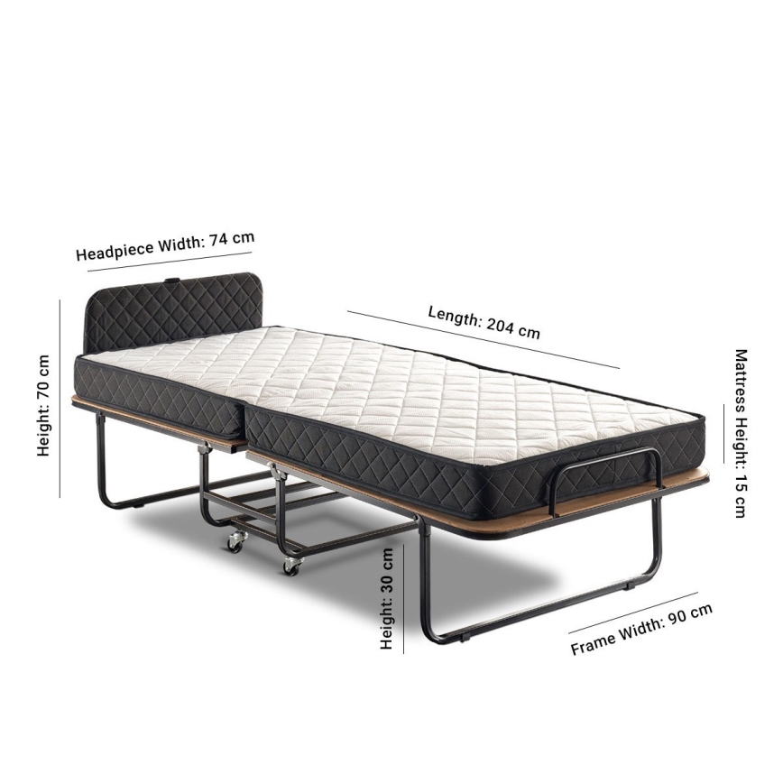 Letto singolo pieghevole in metallo HERON, 90x204 cm, bianco, portata 120 kg