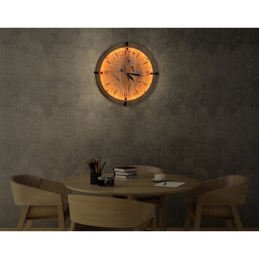 Li-Go 23688/DUB2 - Orologio LED dimmerabile con sensore di movimento LED/5V 20000 mAh + 1xAA Ø 32 cm Rovere/Dente di leone