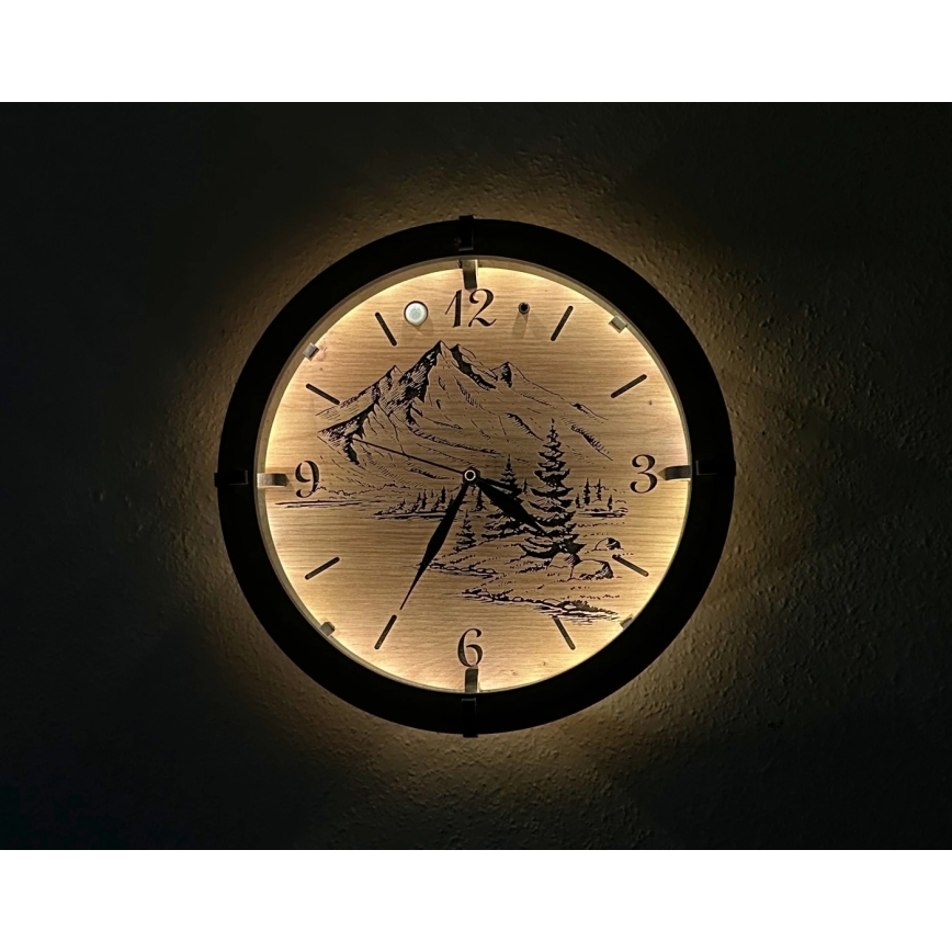 Li-Go 23697/DUB/BAT2 - Orologio LED dimmerabile con sensore di movimento LED/10W/5V 20000 mAh + 1xAA Ø 32 cm rovere/Montagne