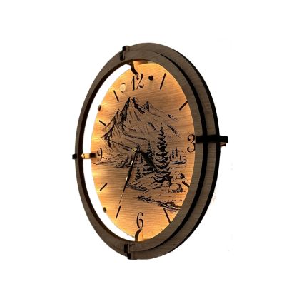 Li-Go 23697/DUB/BAT2 - Orologio LED dimmerabile con sensore di movimento LED/10W/5V 20000 mAh + 1xAA Ø 32 cm rovere/Montagne