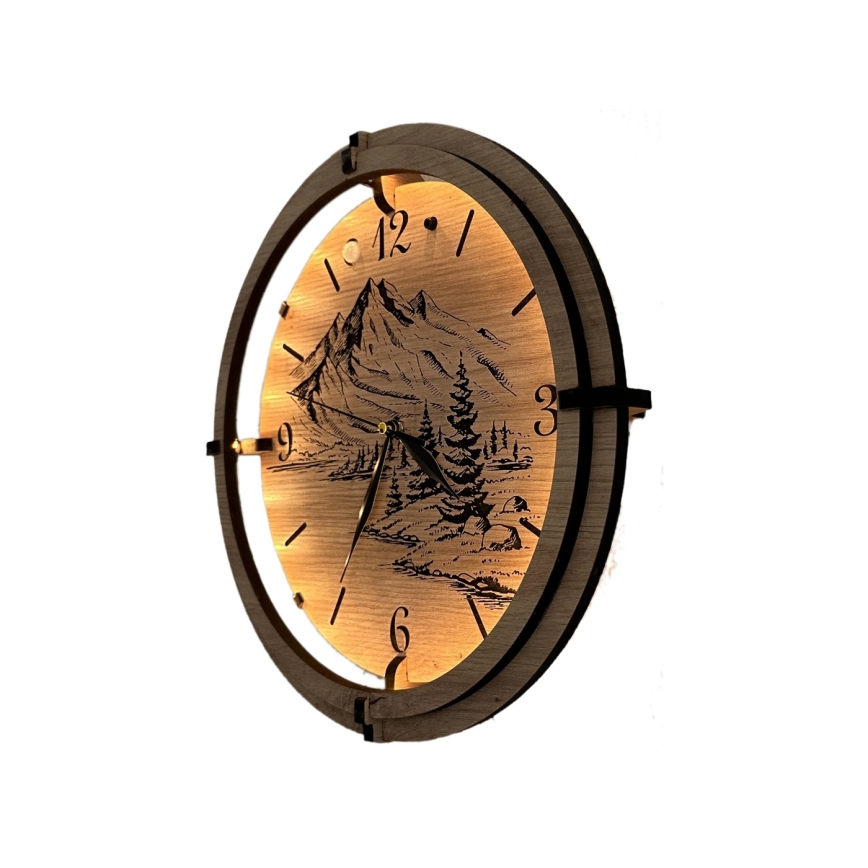 Li-Go 23697/DUB/BAT2 - Orologio LED dimmerabile con sensore di movimento LED/10W/5V 20000 mAh + 1xAA Ø 32 cm rovere/Montagne