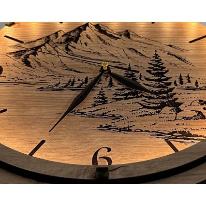 Li-Go 23697/DUB/BAT2 - Orologio LED dimmerabile con sensore di movimento LED/10W/5V 20000 mAh + 1xAA Ø 32 cm rovere/Montagne