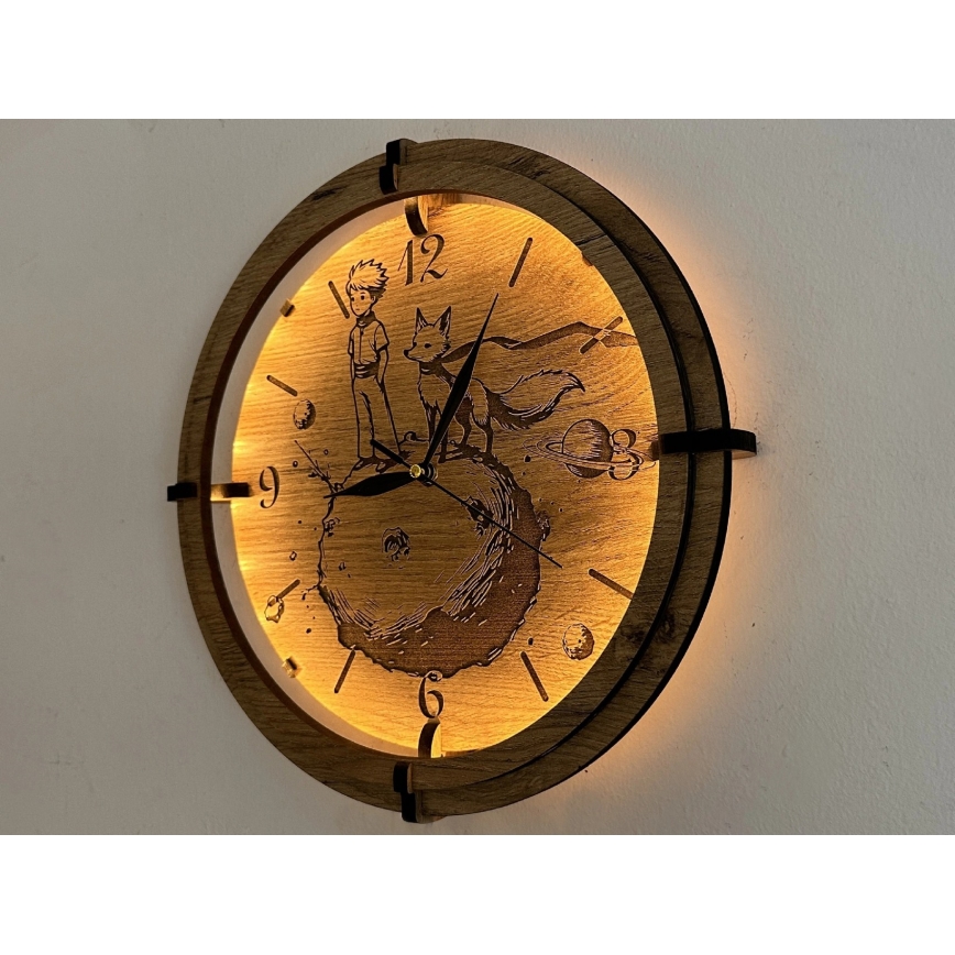 Li-Go 23712/DUB/BAT2 - Orologio LED dimmerabile con sensore di movimento LED/10W/5V 20000 mAh + 1xAA Ø 32 cm rovere/Piccolo Principe