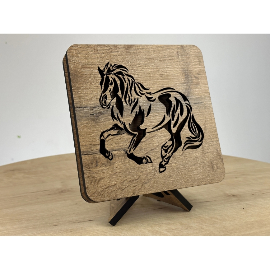 Li-Go 4070/DUB2 - Lampada da tavolo decorativa a LED, 12W/230V, 19x19 cm, rovere/motivo cavallo