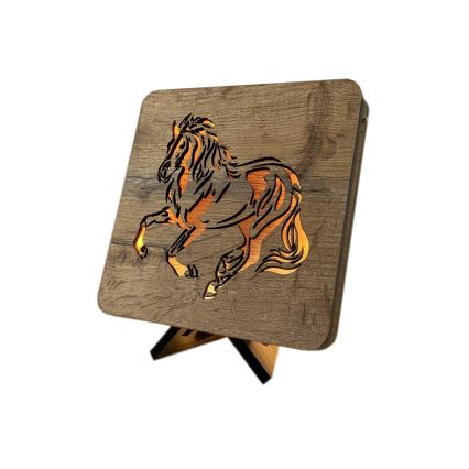 Li-Go 4070/DUB2 - Lampada da tavolo decorativa a LED, 12W/230V, 19x19 cm, rovere/motivo cavallo