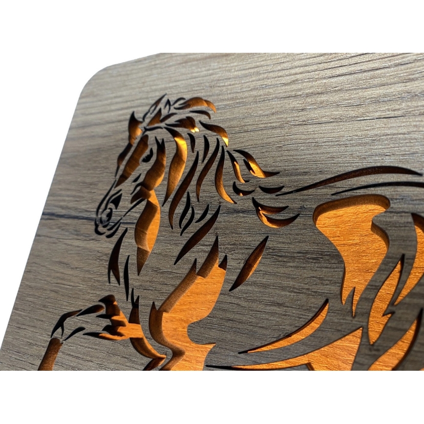 Li-Go 4070/DUB2 - Lampada da tavolo decorativa a LED, 12W/230V, 19x19 cm, rovere/motivo cavallo