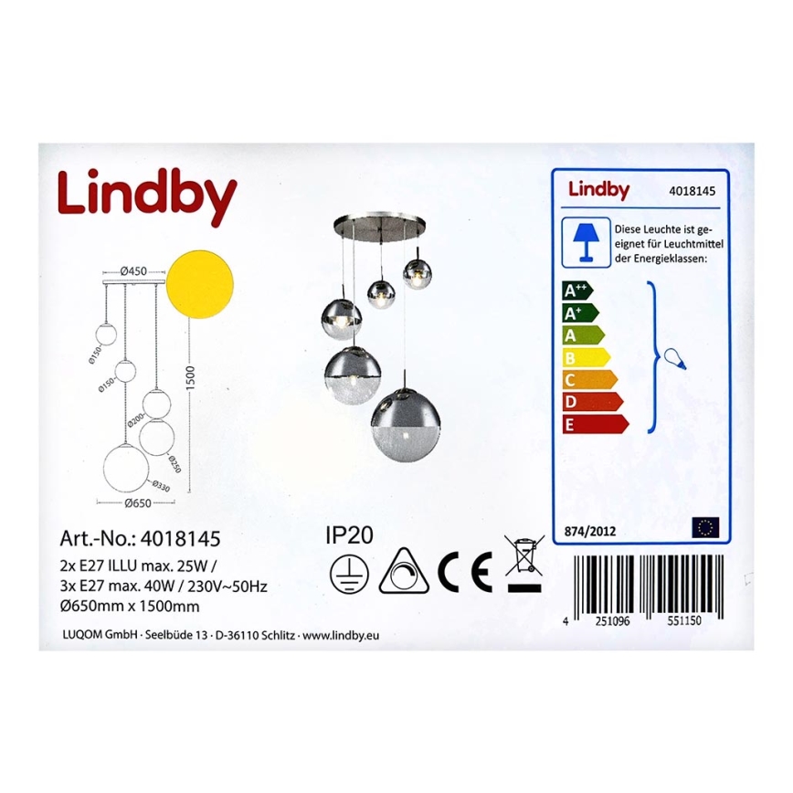 Lindby - Lampadario a sospensione con filo RAVENA 3xE27/40W/230V + 2xE27/25W/230V