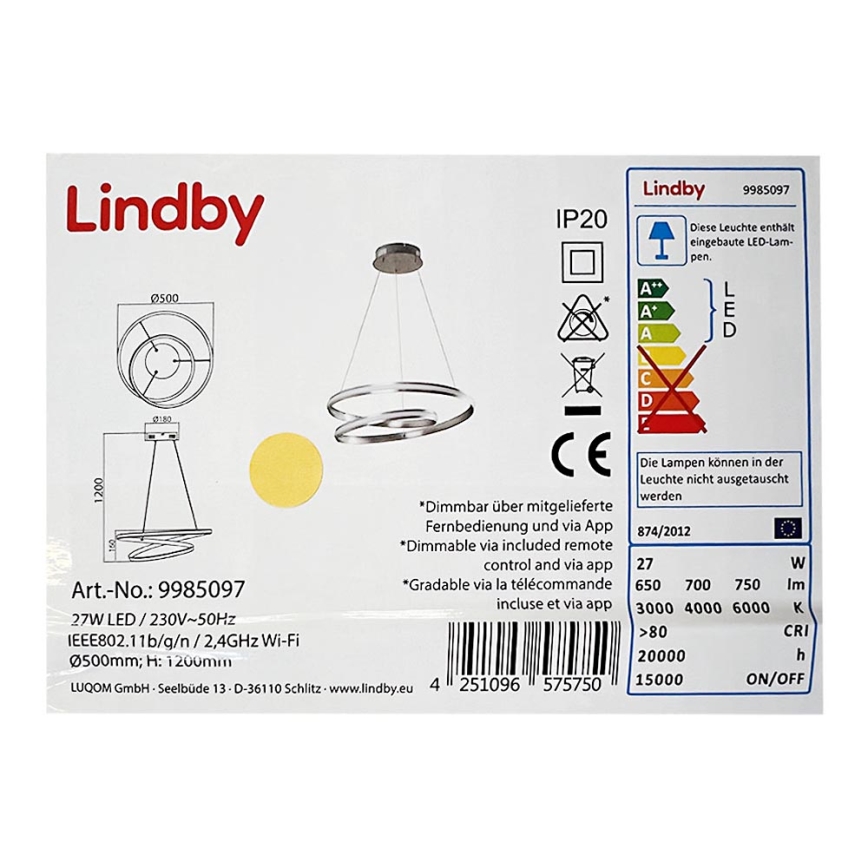 Lindby - Lampadario con filo LED dimmerabile SMART VERIO LED/27W/230V 3000/4000/6000K + TC