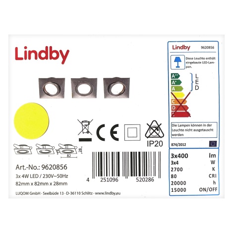 Lindby - SET 3x Lampada LED da incasso ANDREJ LED/4W/230V