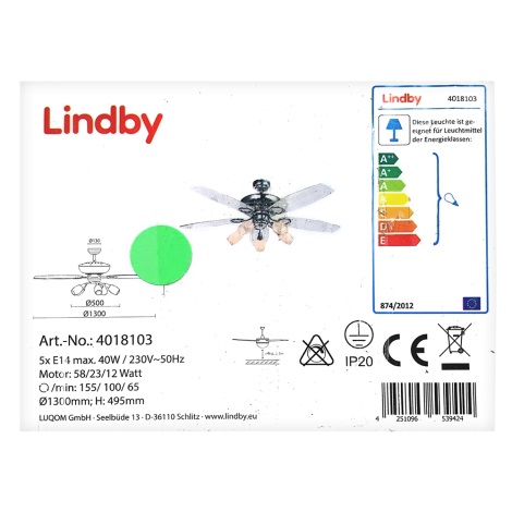 Lindby - Ventilatore da soffitto con un chiaro CEDRIK 5xE14/40W/230V