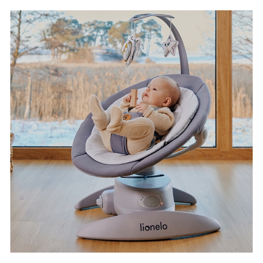 Lionelo - Altalena per bambini con melodia MELL Grey Stone 4xAA + telecomando