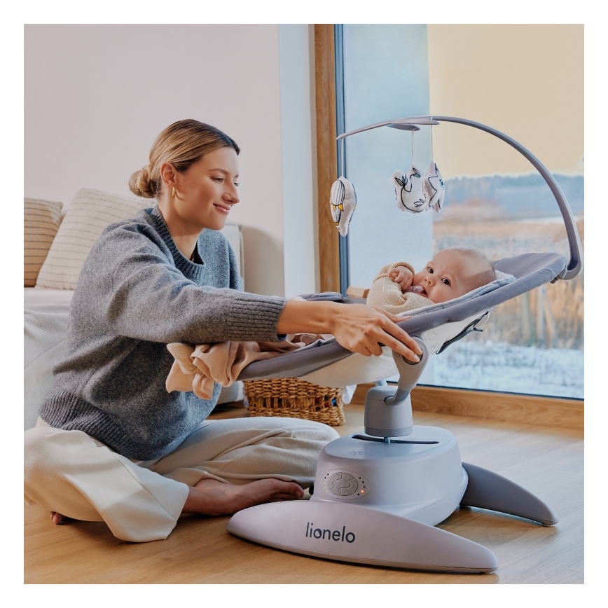Lionelo - Altalena per bambini con melodia MELL Grey Stone 4xAA + telecomando